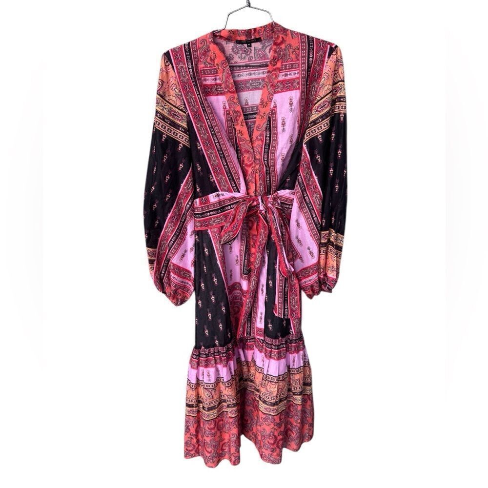 Kobi Halperin Diana Paisley Scarf Print Long Sleeve Button Front Midi Dress M